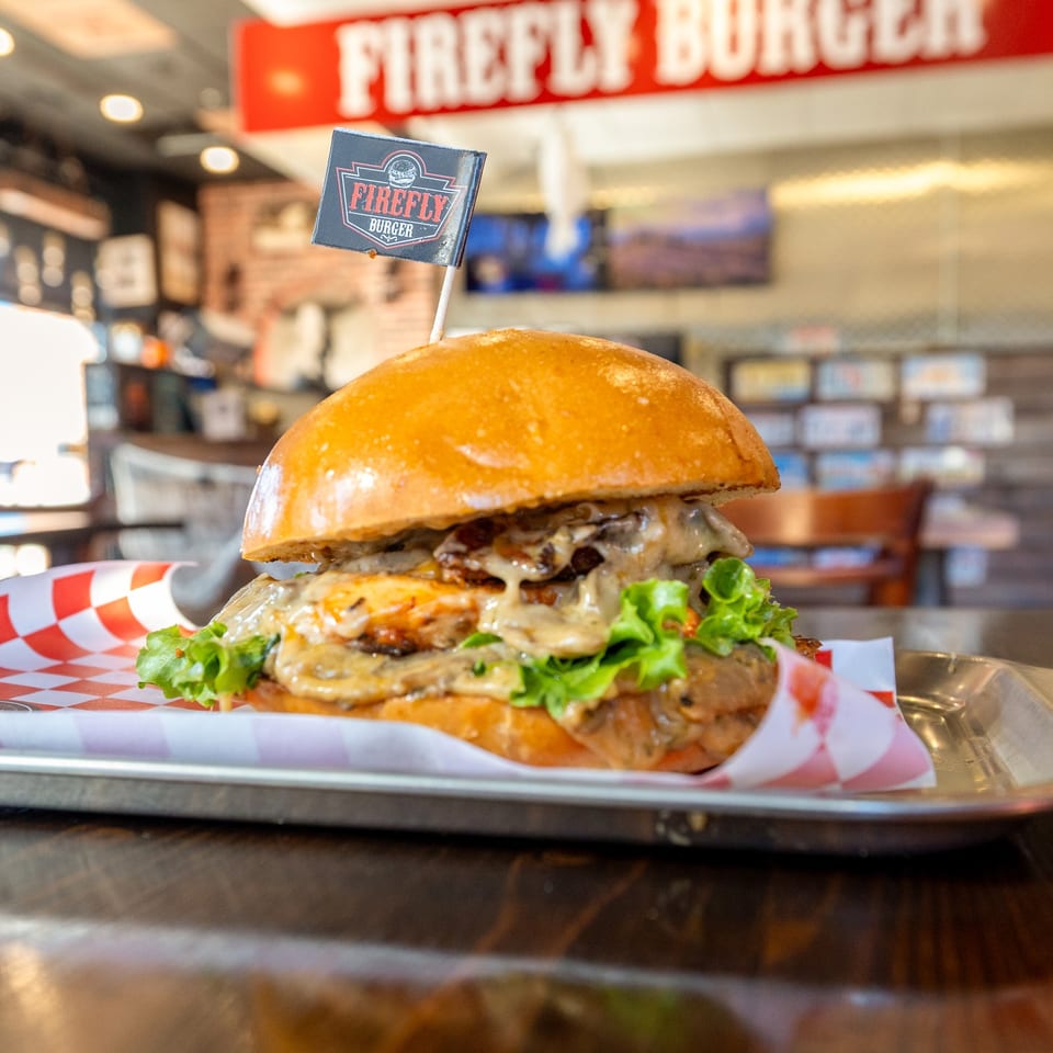 Sandwich photographed inside Firefly Burger